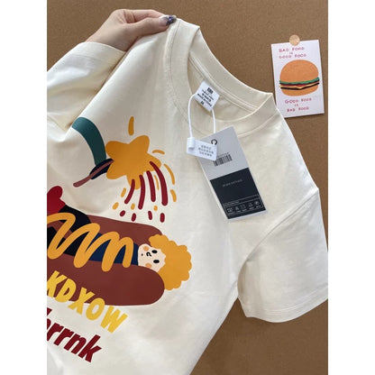 American style ins three bears printed cotton short-sleeved T-shirt men and women summer heavyweight all-match loose couple tops