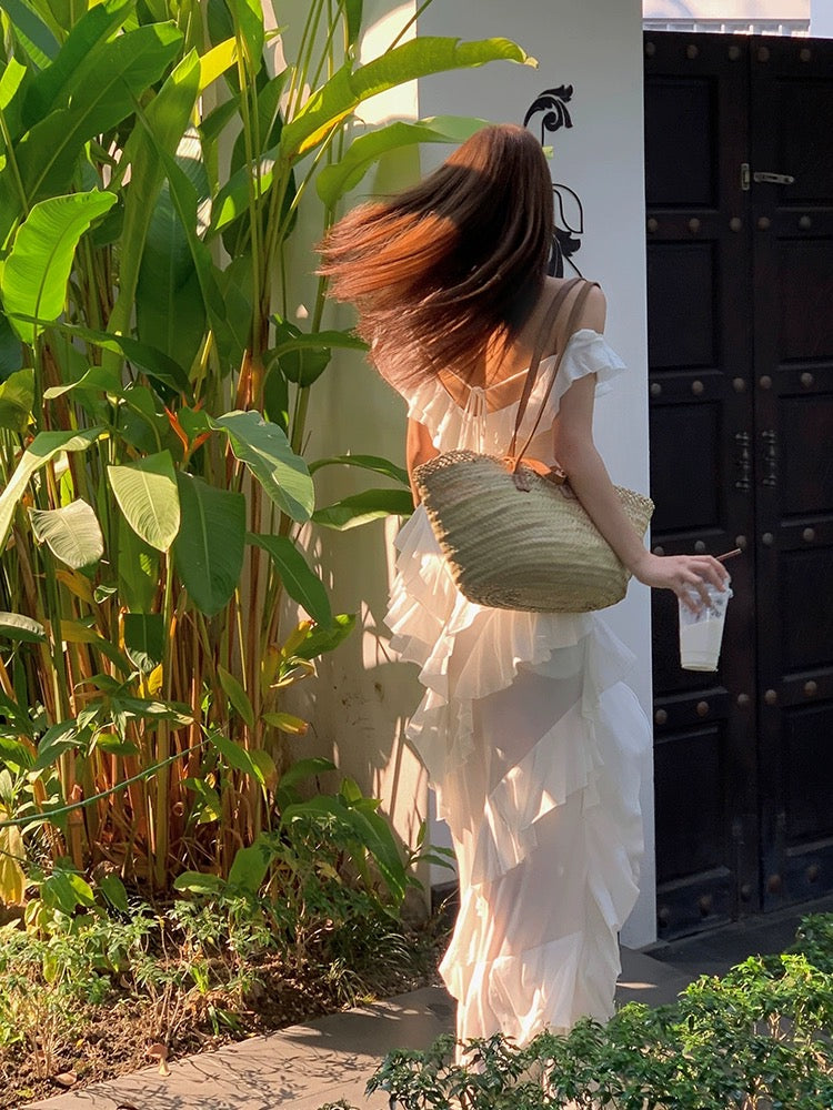 Xiaoli XIAOLI Snow Willow Tencel Wool One Shoulder Sling Dress Temperament Niche Design Ruffled Long Skirt