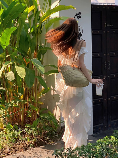 Xiaoli XIAOLI Snow Willow Tencel Wool One Shoulder Sling Dress Temperament Niche Design Ruffled Long Skirt