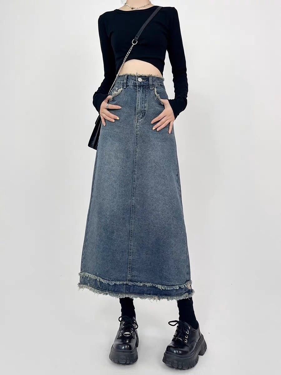 Plus size fat mm denim skirt women's mid-length high-waisted slimming long skirt pear-shaped figure A-line autumn A3363