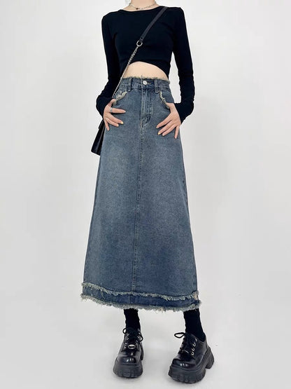 Plus size fat mm denim skirt women's mid-length high-waisted slimming long skirt pear-shaped figure A-line autumn A3363