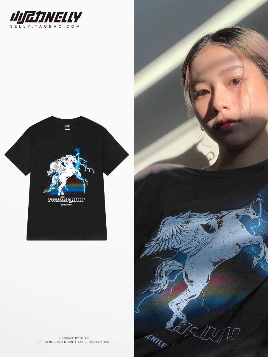 Heavy cotton trendy short-sleeved T-shirt for men and women summer 2024 new lightning unicorn print loose short-sleeved T-shirt