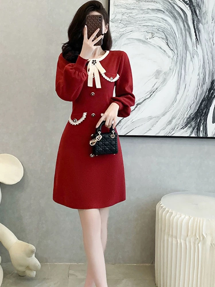 French socialite red knitted dress for women in autumn and winter, wai Lee Nhi Boutique French socialite red knitted dress for women in autumn and winter, wai Lee Nhi Boutique