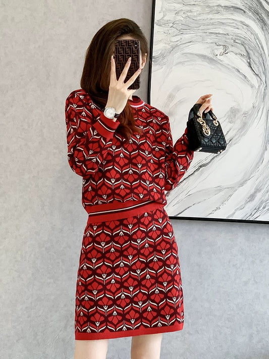 French style knitted two-piece suit for women in autumn and winter new style sweater slim hip wrap skirt fashionable two-piece suit skirt