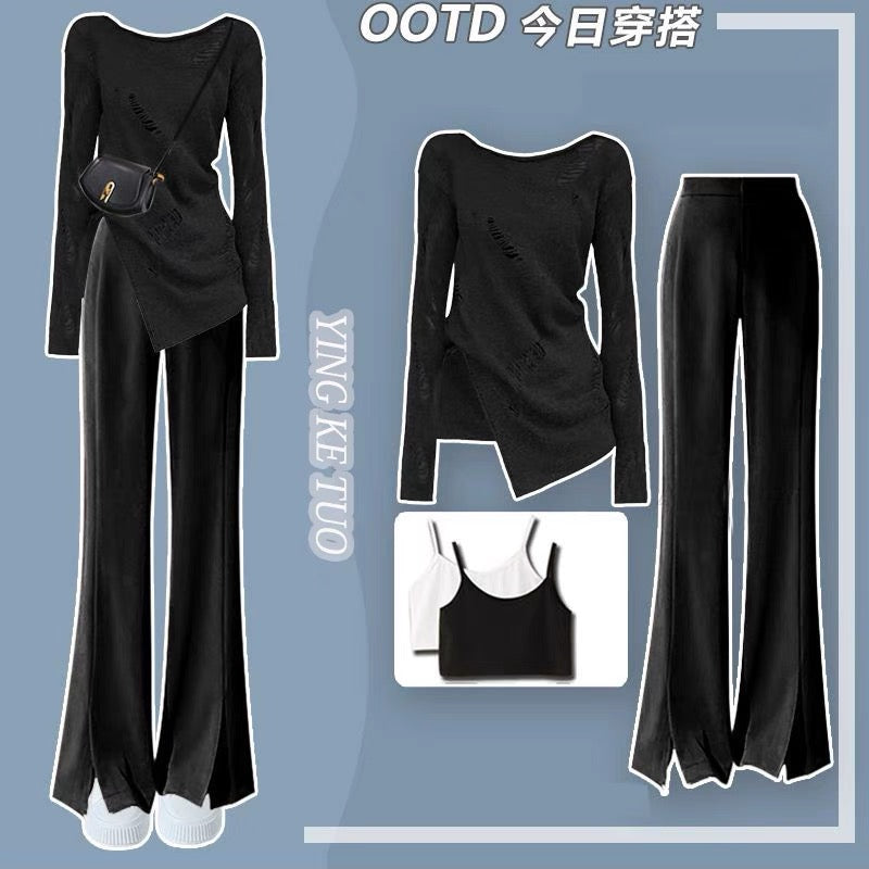 Autumn new style hot girl suit, light and mature style, sweet and spicy long-sleeved top, women's slim casual pants two-piece set, high-end