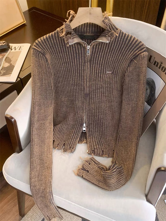 French Style Knitwear Women's 2023 New Autumn Style Old Frayed Khaki Zipper High Collar Lazy Style Caảdigan V1133