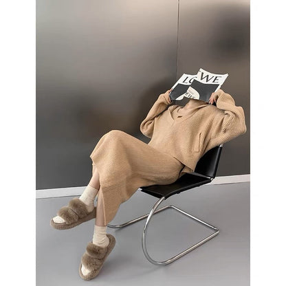 LLL LAB/Xiaoxiangfeng suit winter two-piece hooded knitted top dress tea style outfit complete set (S0561)