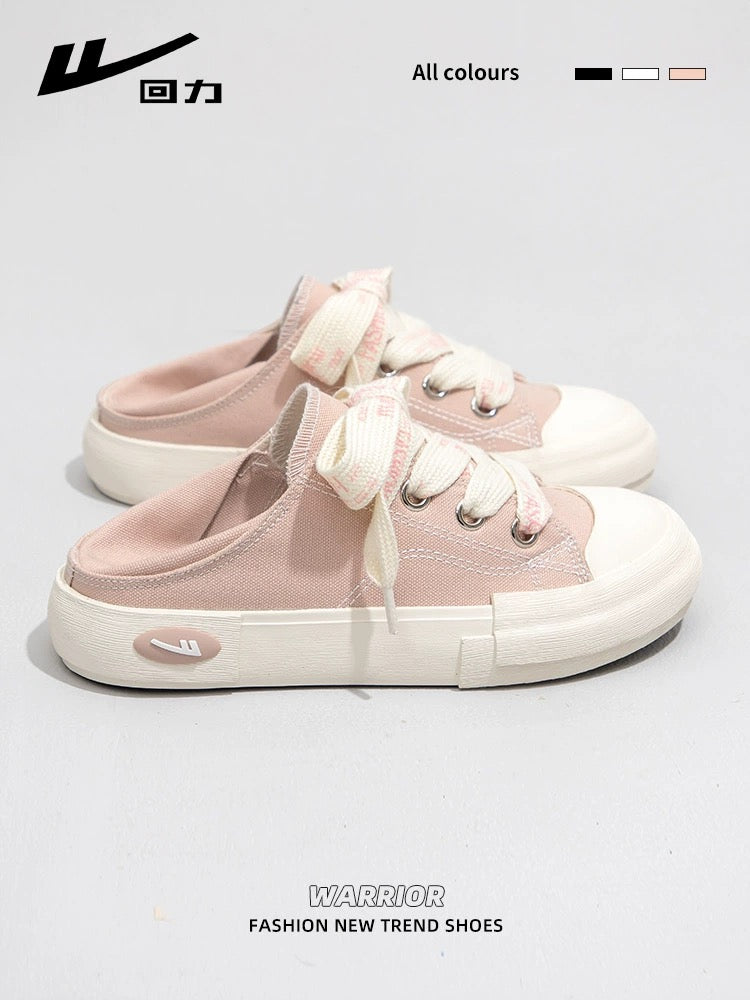 Pull back women's shoes canvas shoes women's 2024 spring new sneakers and half slippers one-legged lazy white shoes