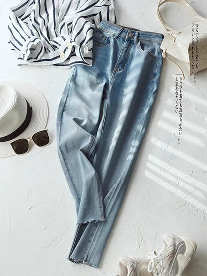 Summer nano ultra-thin ice silk straight jeans for women 2025 new small ladies nine-point cigarette pants