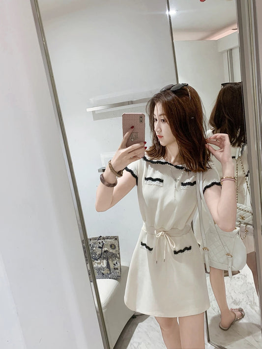 Fish Rabbit's Rabbit College Style Navy Collar Splicing Dress Women's Summer New Style Waist Slimming Lace-up Dress
