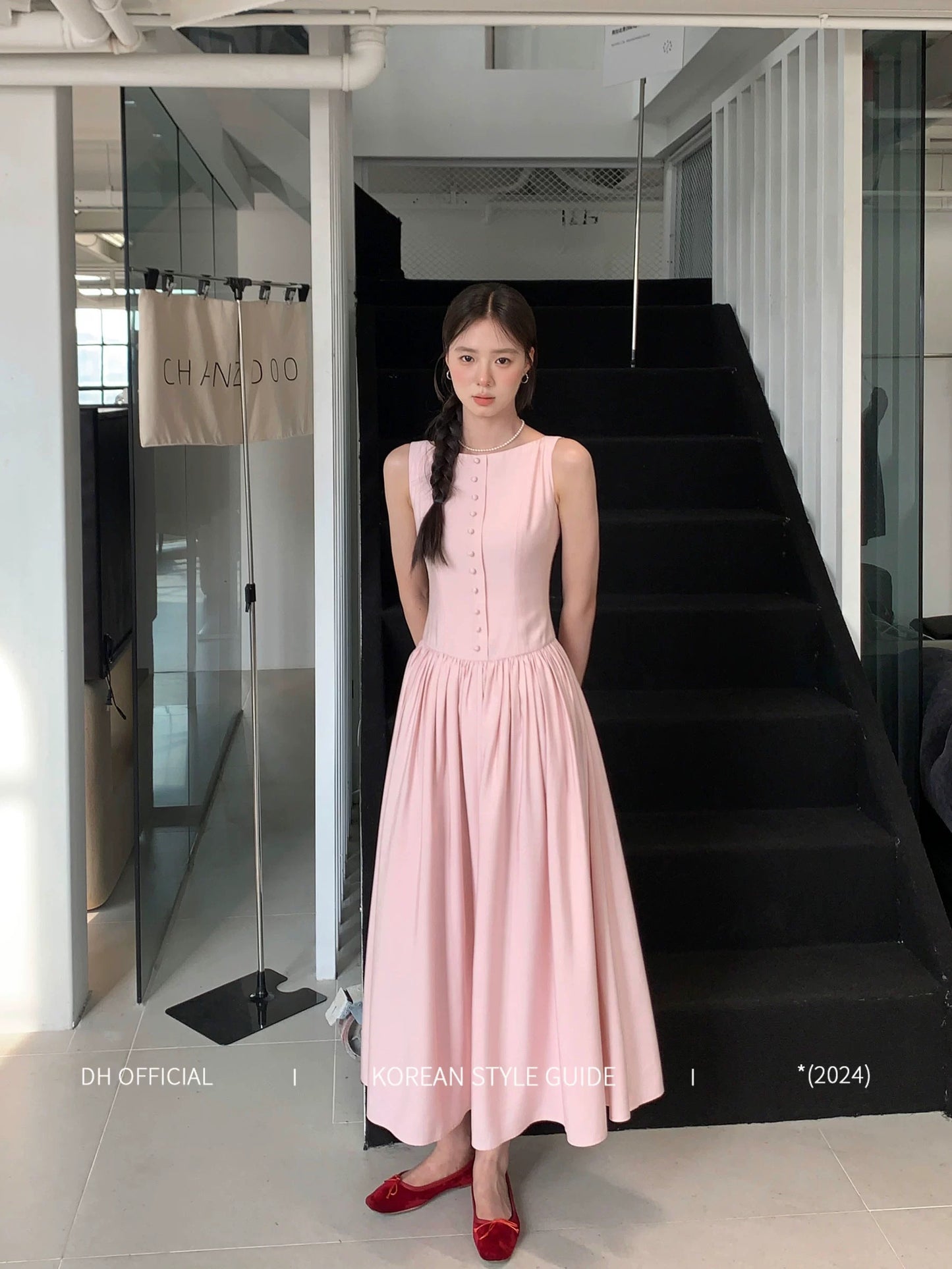 DH OFFICIAL Big Flower [Peninsula Art Museum] Pink Dress Women's Summer Korean Palace Style Gentle Long Dress