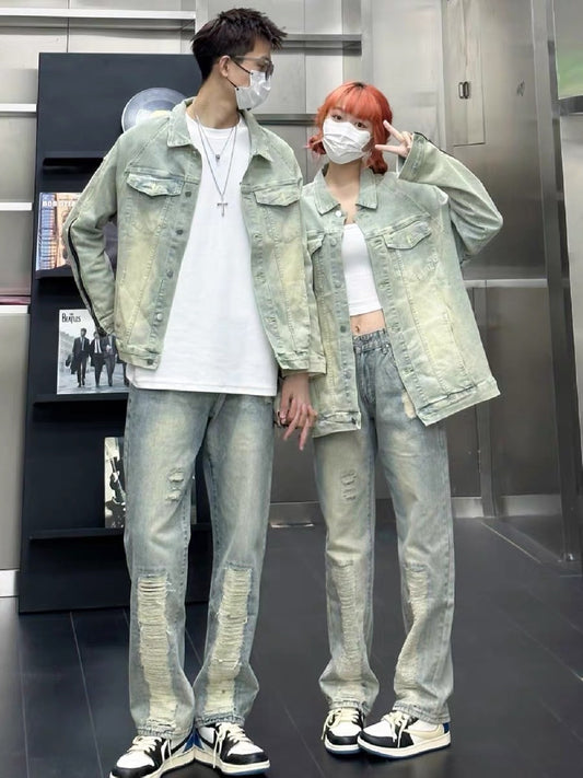 Washed yellow mud denim jacket men's spring and autumn zipper American workwear jacket tide brand couple retro denim jacket gown
