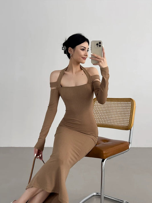 European and American knitted one-shoulder dress long skirt suspender slim fishtail halter neck tight tube top stepmother hip skirt for women