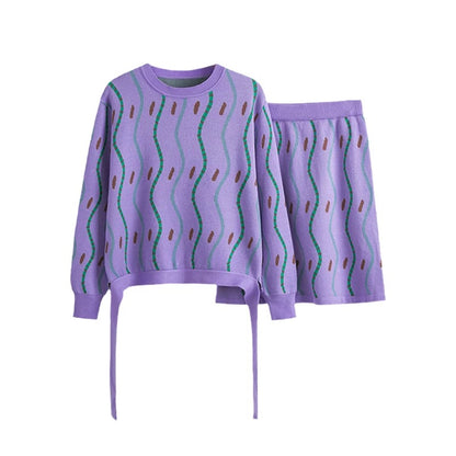 2023 autumn and winter new style small fragrance two-piece chic printed striped long-sleeved knitted sweater suit skirt women's trendy