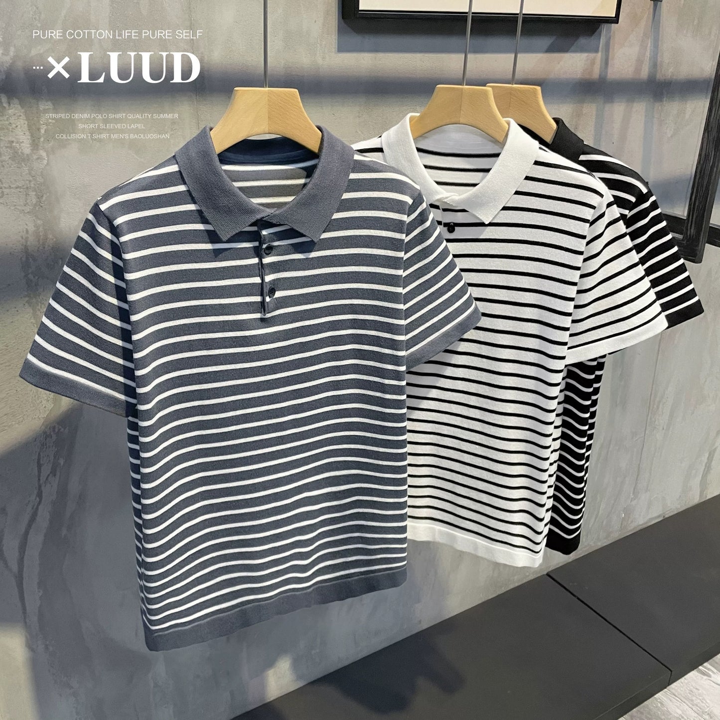 LUUD retro trend black and white striped short-sleeved slim-fit breathable casual top summer men's knitted polo shirt