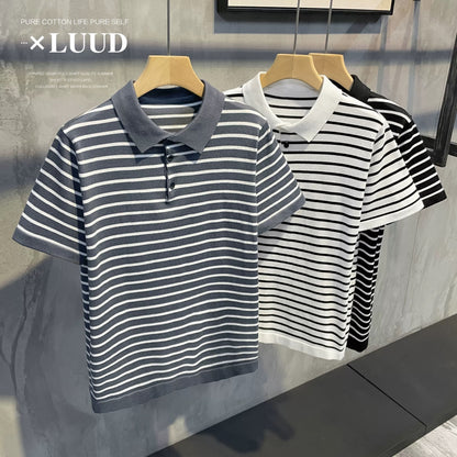 LUUD retro trend black and white striped short-sleeved slim-fit breathable casual top summer men's knitted polo shirt
