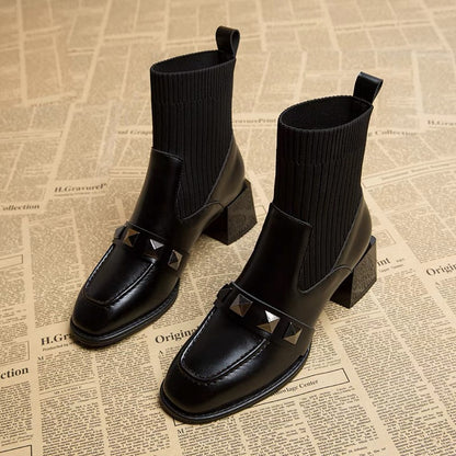 2023 Autumn and Winter Mid Heel High Heel Versatile Short Boots Thick Heel Thin Boots Women's Shoes Willow Stud Martin Boots Women's Elastic Sock Boots