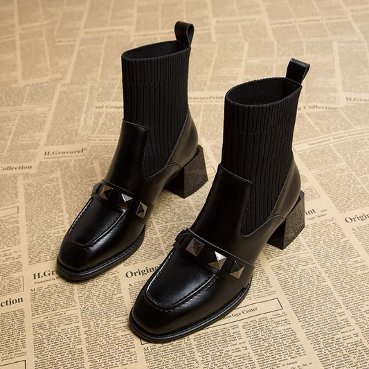 2023 Autumn and Winter Mid Heel High Heel Versatile Short Boots Thick Heel Thin Boots Women's Shoes Willow Stud Martin Boots Women's Elastic Sock Boots