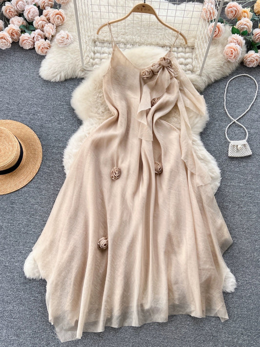 French sweet sleeveless suspender dress for women 2023 new slim temperament and high-end three-dimensional floral chiffon long skirt