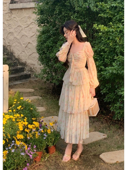 Tang Gongzi's stunning printed dress, slim fit, puff sleeves, French style, chiffon long skirt for seaside vacation