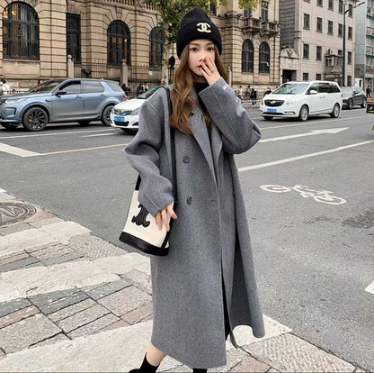 Pink double-faced velvet coat for women 2024 autumn and winter new Korean style loose mid-length Hepburn style woolen coat