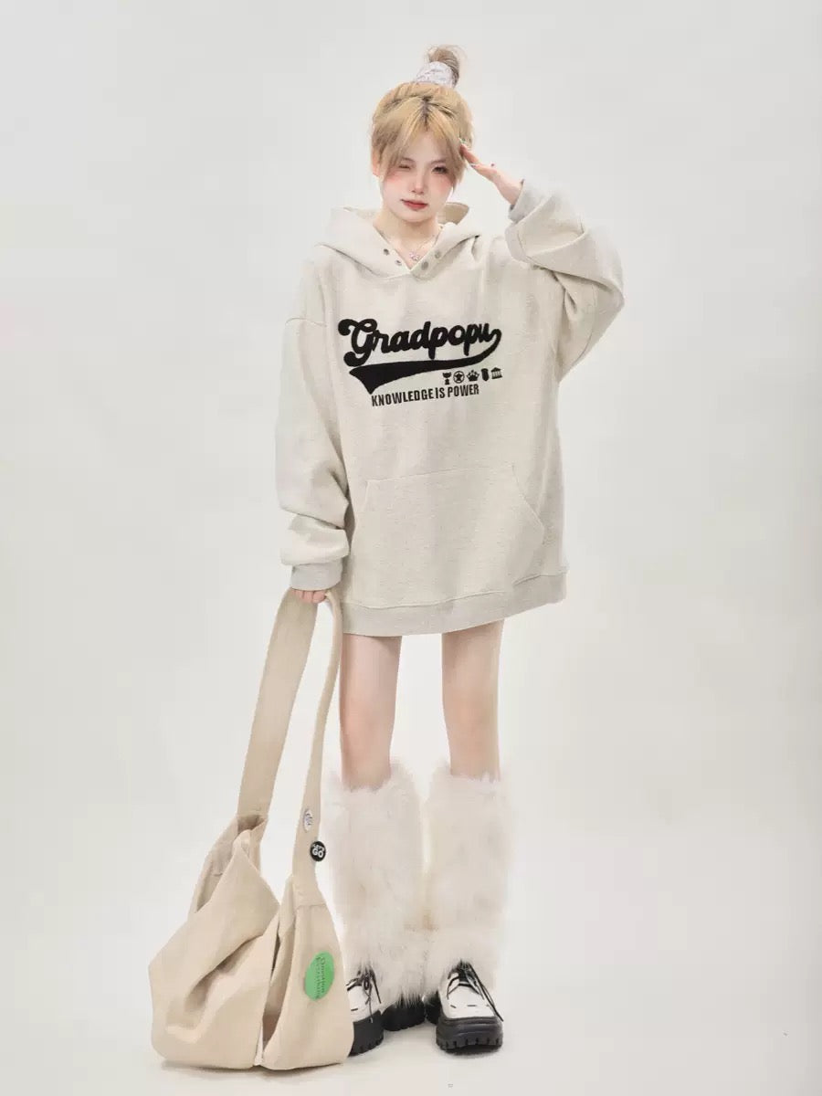 Lazy style oversize letter embroidered gray sweatshirt for women in autumn and winter American retro hooded heavyweight couple tops