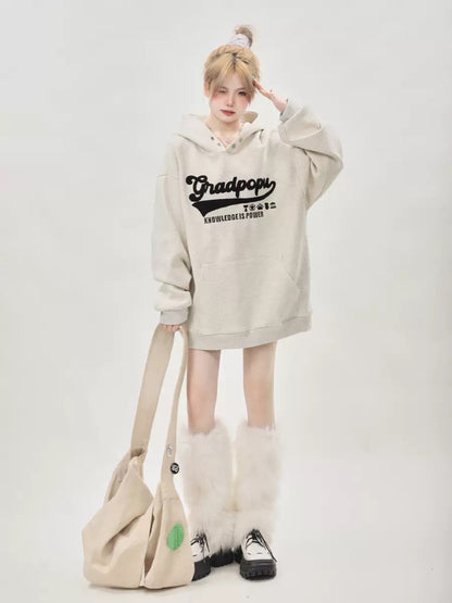 Lazy style oversize letter embroidered gray sweatshirt for women in autumn and winter American retro hooded heavyweight couple tops