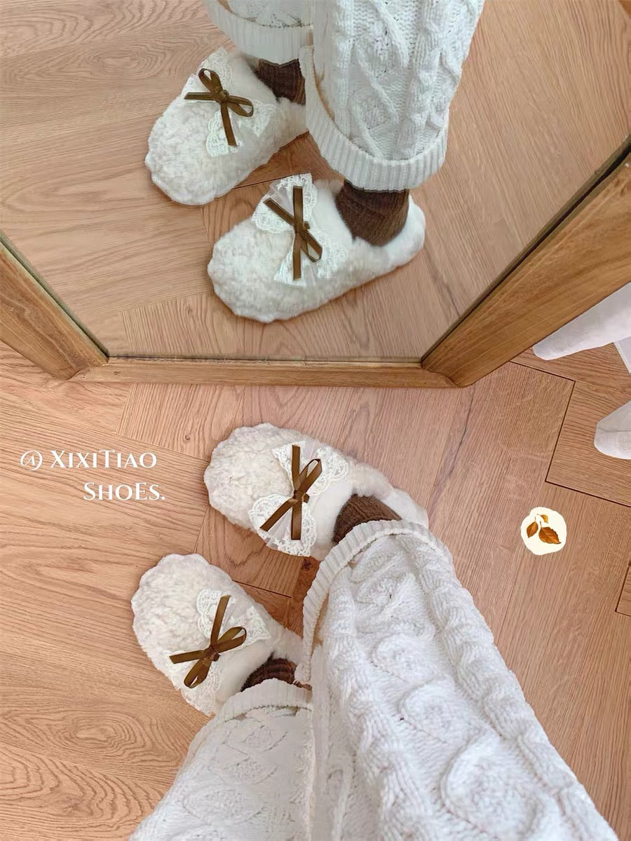 Thin Strips Couple Cotton Slippers Autumn and Winter Men and Women Fashion Home Warm Korean Style Bow-tie Furry Shoes ins