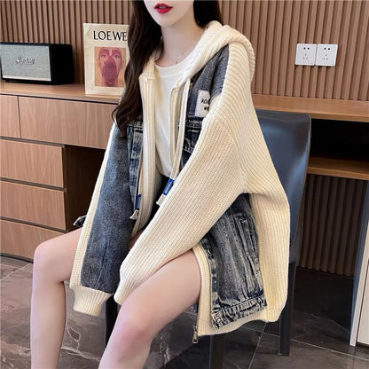 Loose and lazy denim patchwork sweater cardigan for women 2023 new autumn Korean style hooded knitted jacket (S0610)