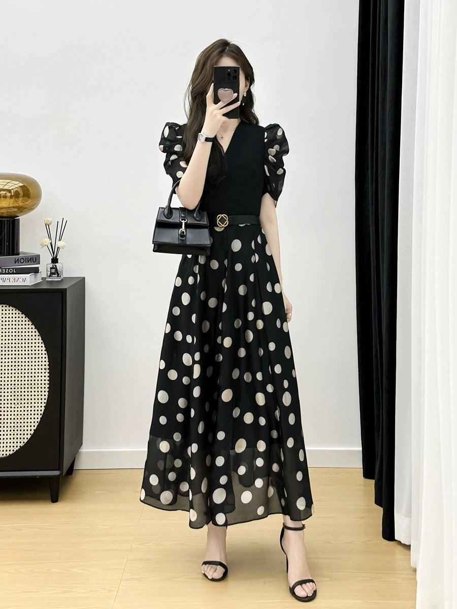Polka dot dress 2023 summer new high-end temperament women's French retro chiffon mid-length dress for women
