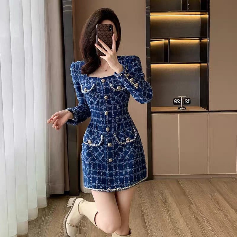 2023 new autumn and winter women's clothing small fragrant style high-end dress for small women slimming blue woolen skirt