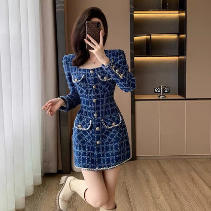 2023 new autumn and winter women's clothing small fragrant style high-end dress for small women slimming blue woolen skirt