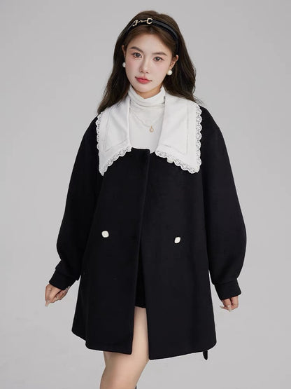 Volstagg French black Hepburn style woolen coat for women autumn and winter doll collar woolen coat dress