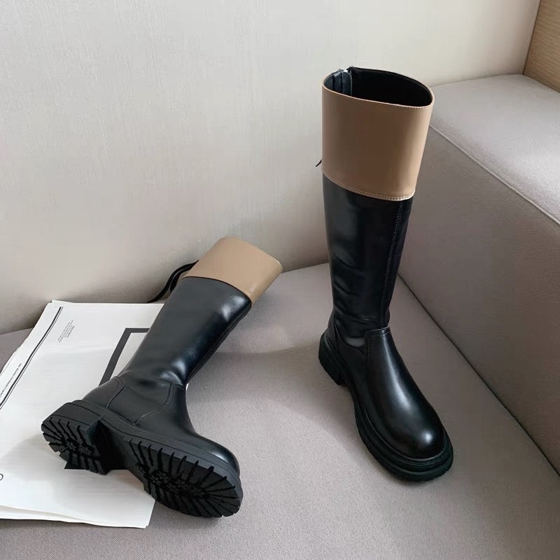 Super cool~Xiaoxiangfeng color matching thick-soled high-tube boots for women