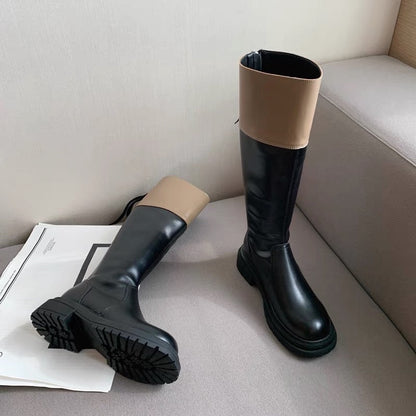 Super cool~Xiaoxiangfeng color matching thick-soled high-tube boots for women