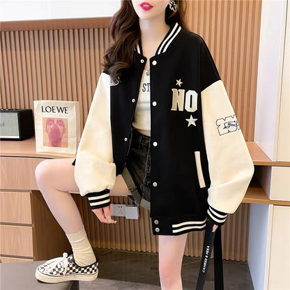 2023 Autumn and Winter American Retro Velvet Sweater Baseball Uniform Cardigan Women's Loose Lazy Sports Style Top Jacket