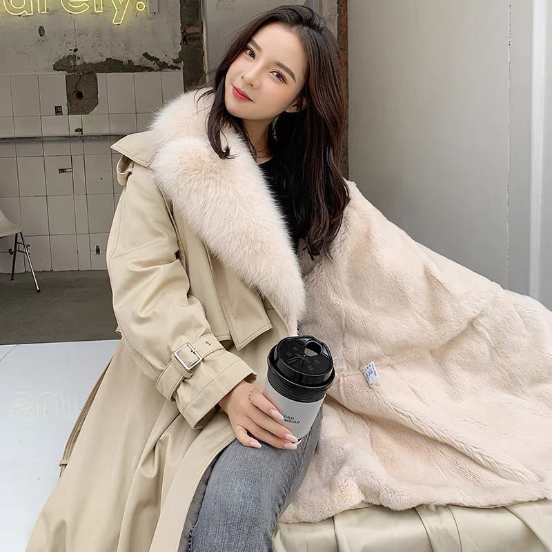 2023 Winter New Removable Rex Rabbit Fur Liner Windbreaker Pie Overcoat Women's Mid-Length Jacket Popular Style