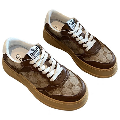 Thick-soled casual sneakers for women 2023 spring new style genuine leather lace-up round toe versatile color-blocked retro white shoes for women (G012