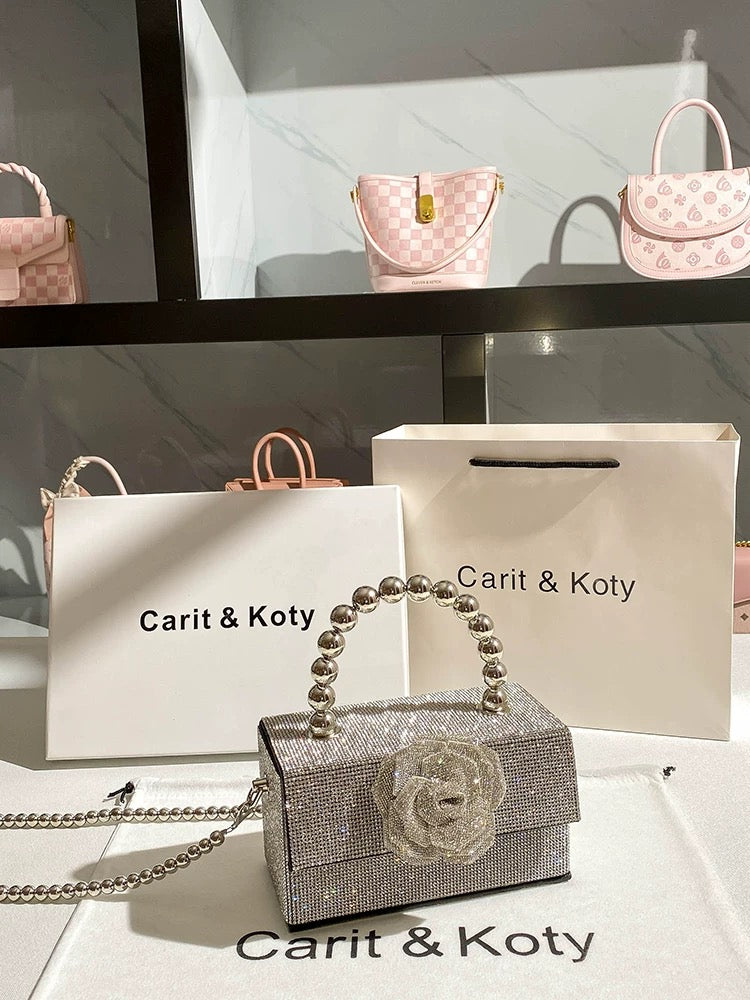 Carit Koty French rhinestone flower evening bag women's 2023 new high-end pearl chain box bag