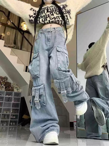 American street vibe work jeans for women 2023 new design multi-pocket high-waisted loose floor-length mopping pants trendy