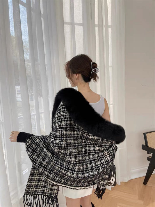 Wjj new autumn fox fur collar dress cheongsam shawl fur knitted cardigan coat houndstooth plaid small fragrance style