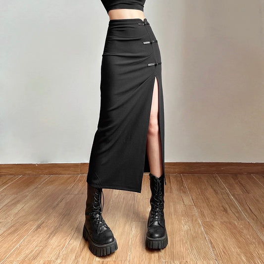 KLIOU New Chinese style retro buckle slit black skirt for women with pleated slimming hip mid-length skirt