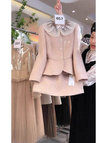 Autumn 2023 new Internet celebrity small fragrance suit, feminine and socialite slimming doll collar coat and skirt two-piece set