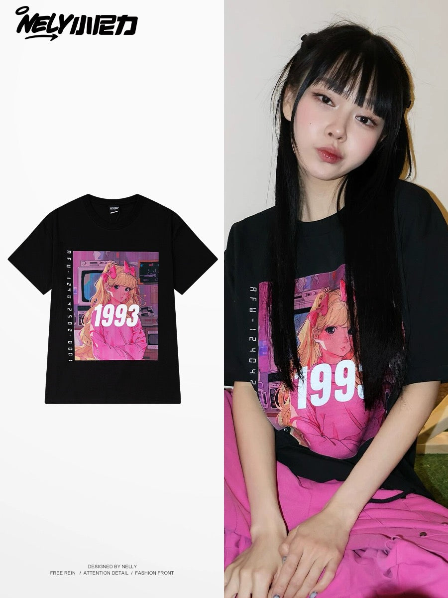 Nely Little Nely Beautiful Girl Printed Cotton Short-sleeved T-shirt Men and Women Summer Loose Casual Half-sleeved Tops ins Trend