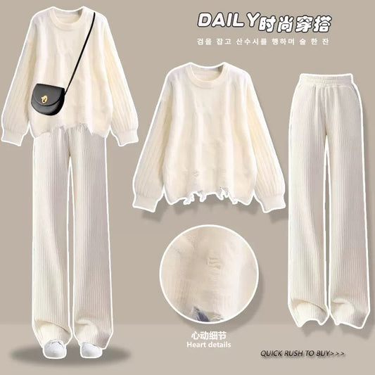 Style knitted sweater milk style outfit autumn suit for petite women deep winter outfit plus velvet wide-leg pants two-piece suit