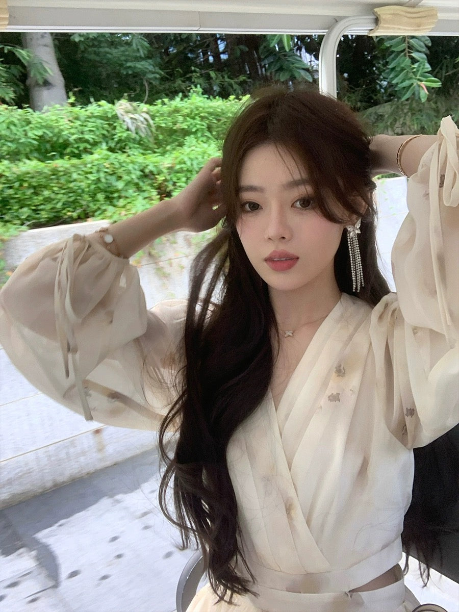 ByYou spring new high-end tea break ribbon v-neck yellow floral dress with waist and puff sleeves long skirt