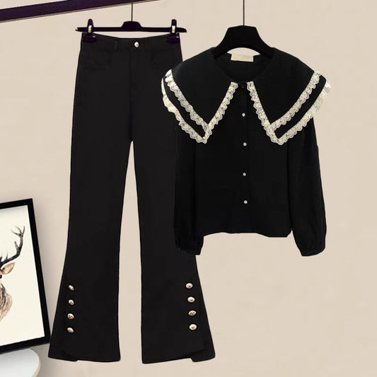 Autumn small dress navy collar pants flared casual pants college style suit 2023 new women's autumn two-piece set