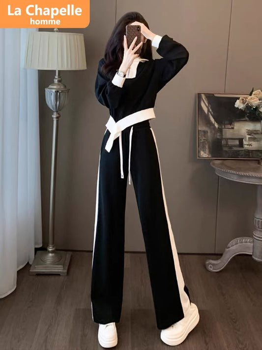 La Chapelle casual sports suit for women autumn 2023 new fashionable temperament drawstring lace design two-piece set