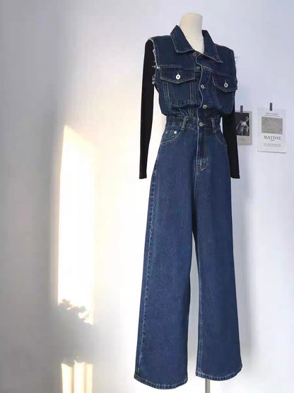 Miser Sheep 2023 New European Station Temperament Large Long Legs High Waist Sleeveless Washed Denim Jumpsuit Wide Leg Pants