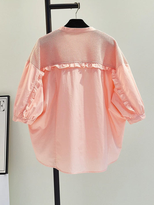 Pink knitted splicing ruffled edge three-quarter lantern sleeve shirt for women summer tea break French style slightly fat loose top trend